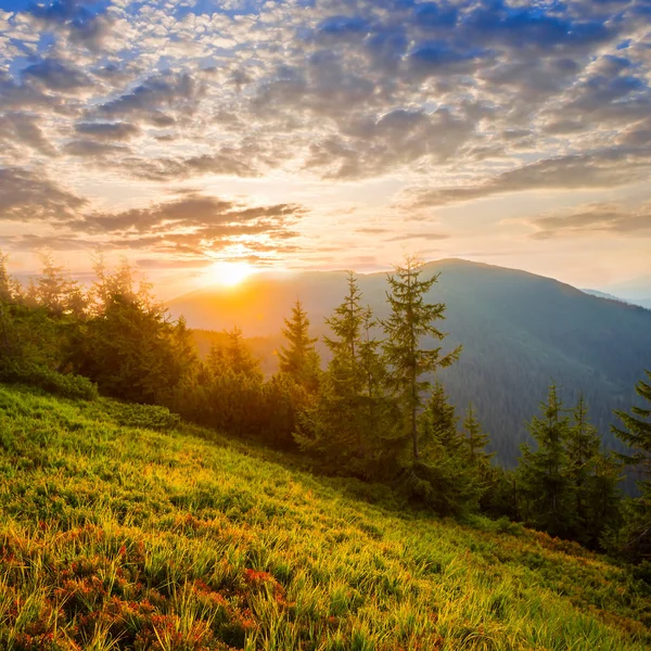 Όμορφη Υπαίθρια Σκηνή Δραματική Ηλιοβασίλεμα Πάνω Από Πράσινο Των Βουνών — Φωτογραφία Αρχείου