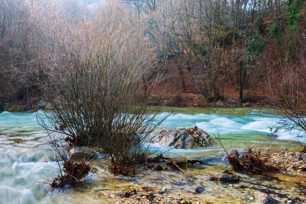 Herfst Landschap Rivier Haasten Een Berg Canyon — Stockfoto