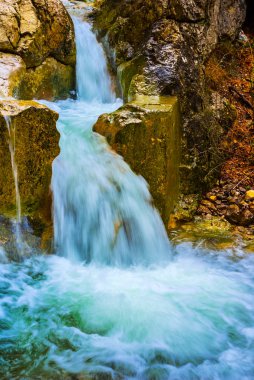 Nehrin aşağısında bir taş arasında acele güzel zümrüt şelale
