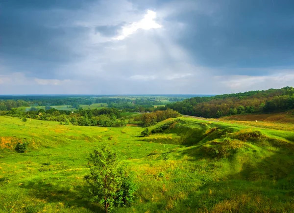 Prateria Verde Estiva Sotto Denso Cielo Nuvoloso Paesaggio Campagna — Foto Stock