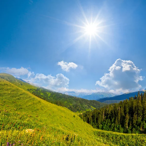 Зеленая Горная Долина Сияющим Солнцем — стоковое фото