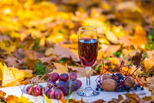 Red Wine Glass Desk Red Dry Leaves — Stock Photo, Image