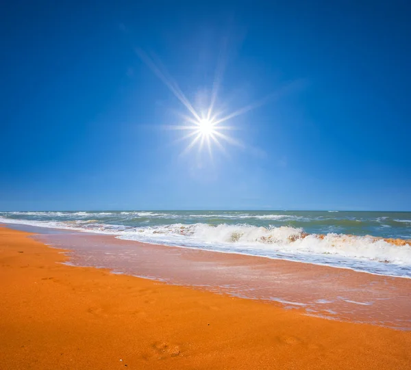 Praia Mar Arenoso Sob Sol Brilhante — Fotografia de Stock