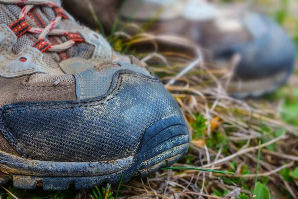 Primer Plano Las Botas Turísticas Hierba —  Fotos de Stock