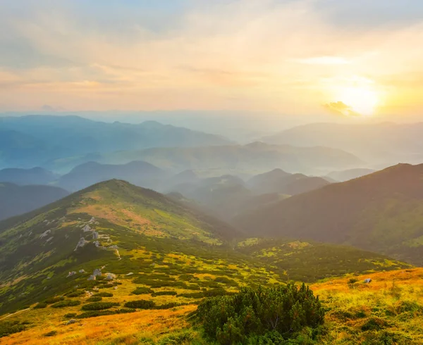 Zelená Horská Krajina Při Západu Slunce — Stock fotografie