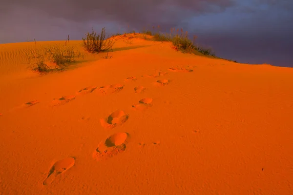 Nahaufnahme Sanddüne Mit Menschlicher Spur Unter Einem Dramatischen Bewölkten Himmel — Stockfoto