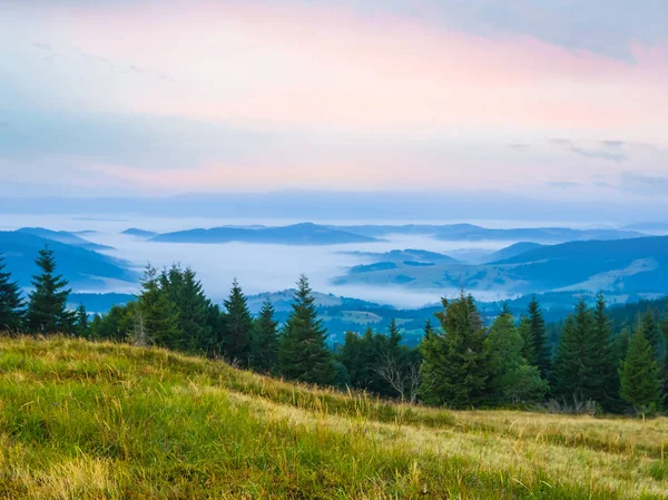 Tôt Matin Paysage Montagne Dans Une Brume Bleue — Photo