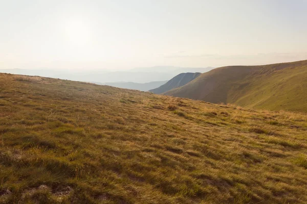 夕焼け時の草のある山高原 — ストック写真