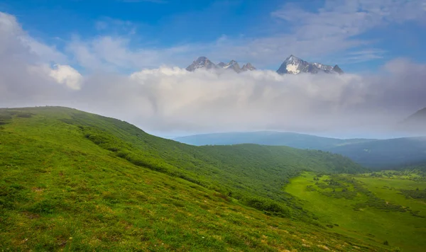 Beautiful Green Mountain Valley Dense Clouds — Stock Photo, Image