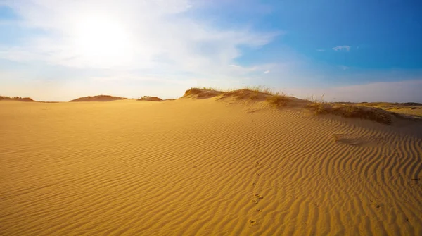 Hete Zanderige Woestijn Bij Zonsondergang Avonds Natuurlijke Achtergrond — Stockfoto