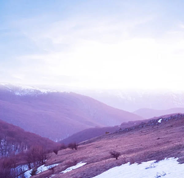 Mountain Valley Snow Early Morning Stylized Violet Colorized Background — Stock Photo, Image