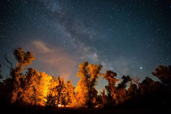 Touristisches Nachtlager Mit Feuer Unter Sternenhimmel Und Milchstraße — Stockfoto