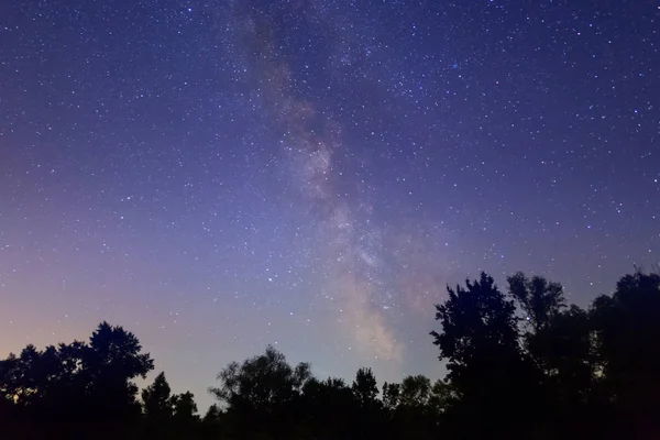 Cielo Estrellado Noche Con Vía Láctea Por Encima Silueta Del — Foto de Stock