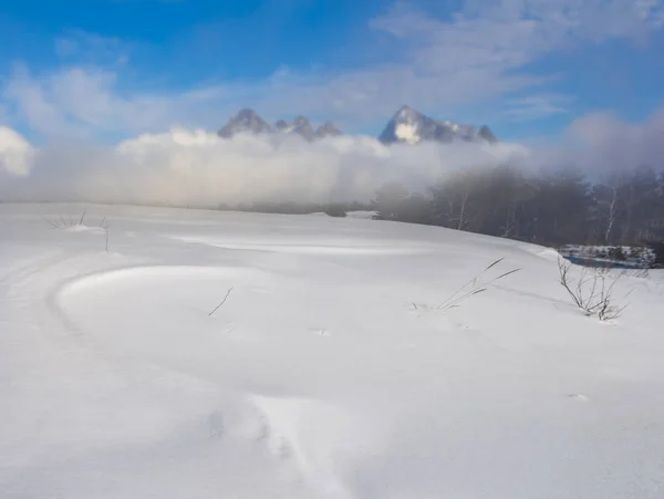 冬の雪に覆われた山の風景 岩の尾根の前の雪の中の平野 — ストック写真