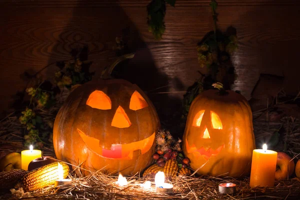 Scena Notte Halloween Jack Lanterna Zucca Con Candela — Foto Stock