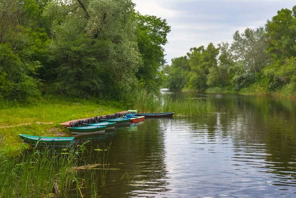 夏天的河流 有海岸上的森林和小船 — 图库照片