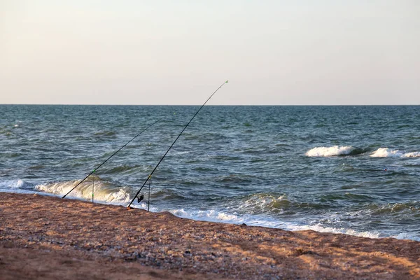 Pair Fishing Rod Stay Sandy Sea Beach — Stock Photo, Image