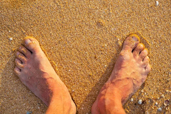 Pies Humanos Desnudos Permanecer Una Playa Arena Mar Verano Mar —  Fotos de Stock