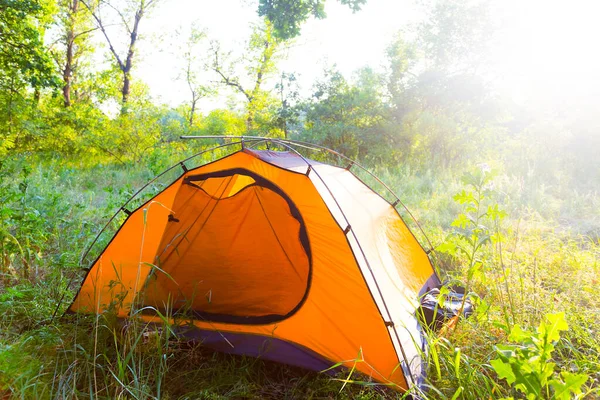 太陽の光で森の中のオレンジ色の観光テントを閉じて — ストック写真