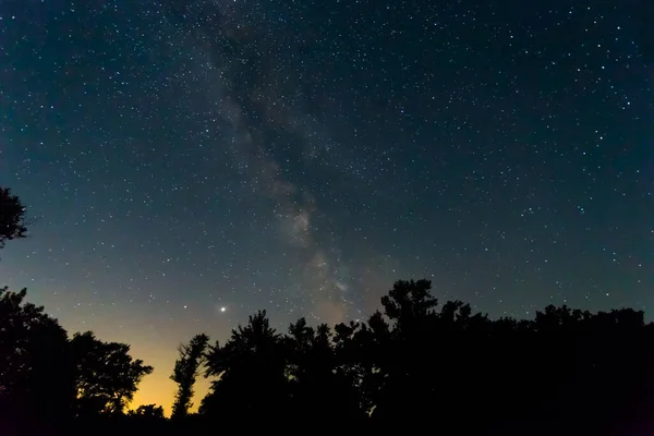 Cielo Estrellado Con Vía Láctea Sobre Una Silueta Del Bosque — Foto de Stock