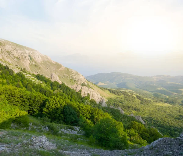 Mountain Valley Blue Mist Sunset Outdoor Travel Scene — Stock Photo, Image