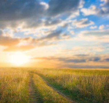 Gün batımında, bir yaz çayırının ortasında zemin yol