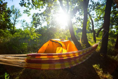 Güneş ışığında turistik çadır ve hamak, turistik kamp sahnesi