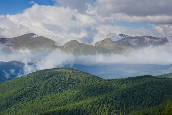 Όμορφη Καταπράσινη Κοιλάδα Του Βουνού Πυκνά Σύννεφα Και Ομίχλη — Φωτογραφία Αρχείου