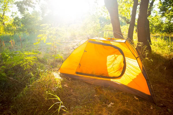 Proche Tente Touristique Orange Dans Une Clairière Coucher Soleil Scène — Photo