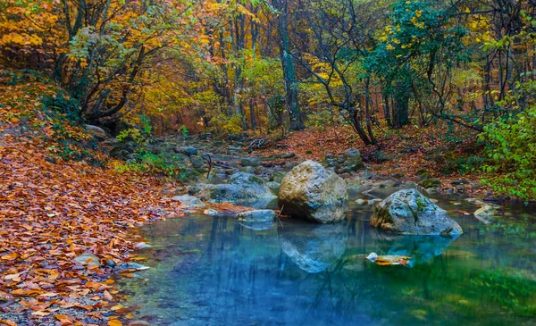 静谧的小河冲过高山峡谷 秋天的山景 — 图库照片