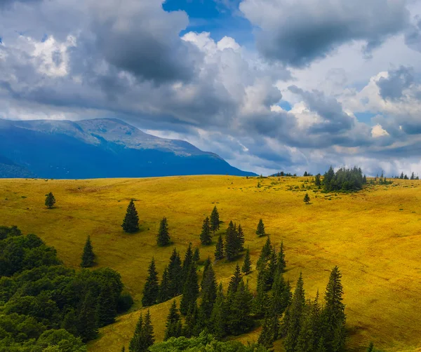 Bergplateau Mit Gras Unter Dichtem Bewölkten Himmel — Stockfoto