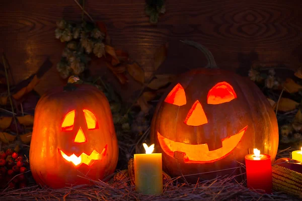 Halloween Místico Noite Cena Par Jack Lanterna Abóbora Com Vela — Fotografia de Stock