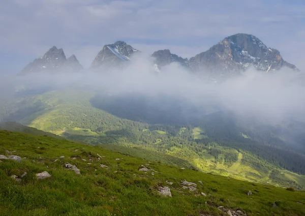 Schneebedeckter Bergrücken Nebel Über Einem Grünen Gebirgstal Hintergrund Einer Bergtour — Stockfoto