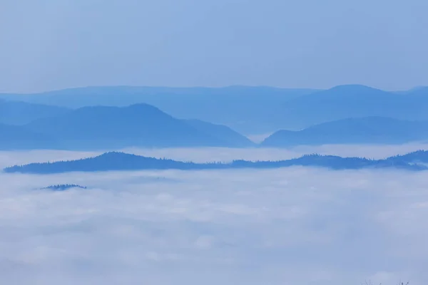 Silhouette Catena Montagna Una Nebbia Blu Prima Alba Sfondo Montagna — Foto Stock