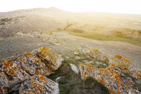 Pradera Con Enormes Piedras Atardecer Escena Aire Libre Por Noche — Foto de Stock