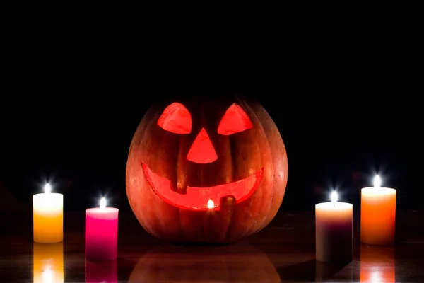 Jack Lantern Pumpkin Candle Table Halloween Night Scene — Stock Photo, Image