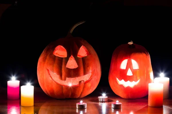 Jack Lanterna Abóbora Com Vela Mesa Halloween Noite Cena — Fotografia de Stock