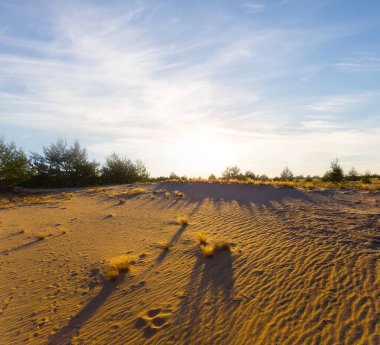 Geniş sıcak kumlu çöl dramatik günbatımında