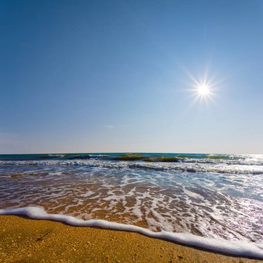 Güneşli bir günde kumlu bir sahil.