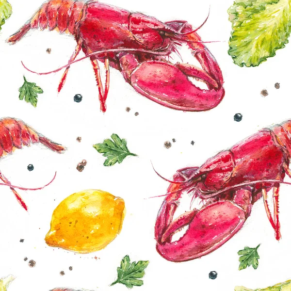 Seamless pattern with watercolor illustration of lobster, lemons and salad. — Stock Image Seamless Pattern Watercolor Illustration Lobster Lemons Salad Stock Picture