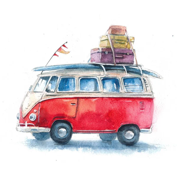 Watercolor illustration with a hippie bus, Volkswagen Type 2, travel and adventure in different cities and countries