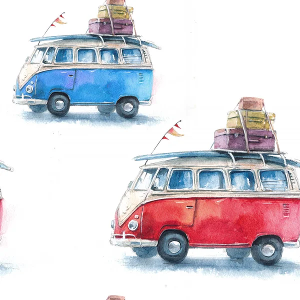 Seamless watercolor pattern with a hippie bus, Volkswagen Type 2, travel and adventure in different cities and countries