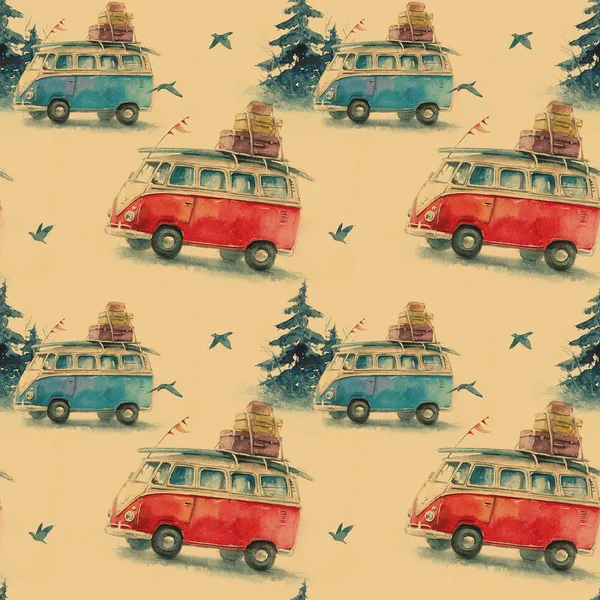 Seamless watercolor pattern with a hippie bus, Volkswagen Type 2, travel and adventure in different cities and countries