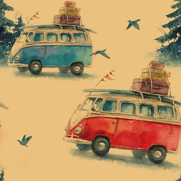 Seamless watercolor pattern with a hippie bus, travel and adventure in different cities and countries