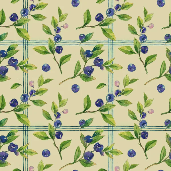 Seamless pattern with watercolor branches of blueberries, a delicate ornament of berries.