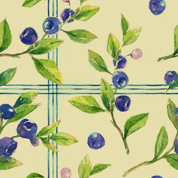 Seamless pattern with watercolor branches of blueberries, a delicate ornament of berries.