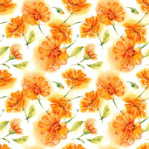 Seamless pattern with orange, hand-drawn watercolor flowers