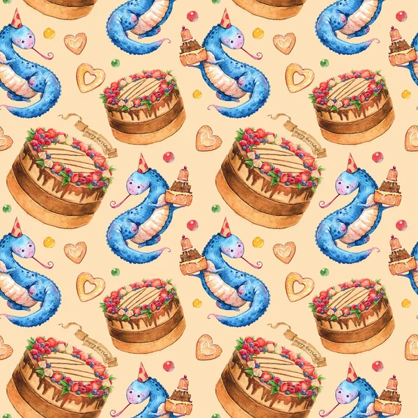 Seamless pattern with a watercolor illustration with a funny dinosaur and birthday cake