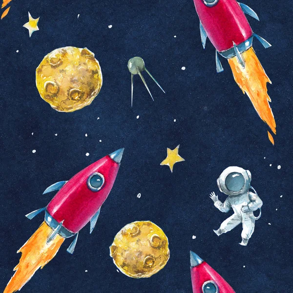 Seamless pattern with watercolor illustrations of space, rockets, planets and astronauts