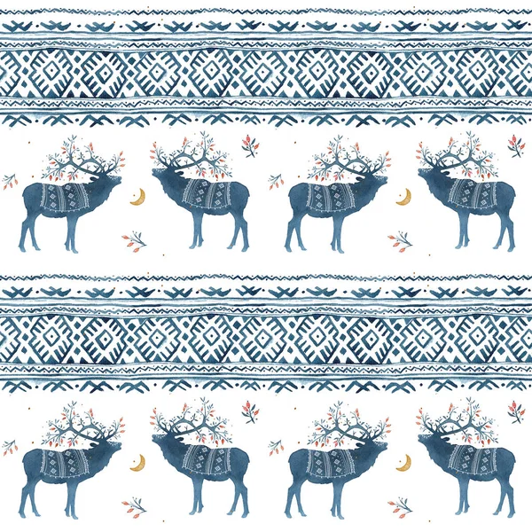 Seamless pattern with watercolor winter Scandinavian deer and national ornament in blue colors